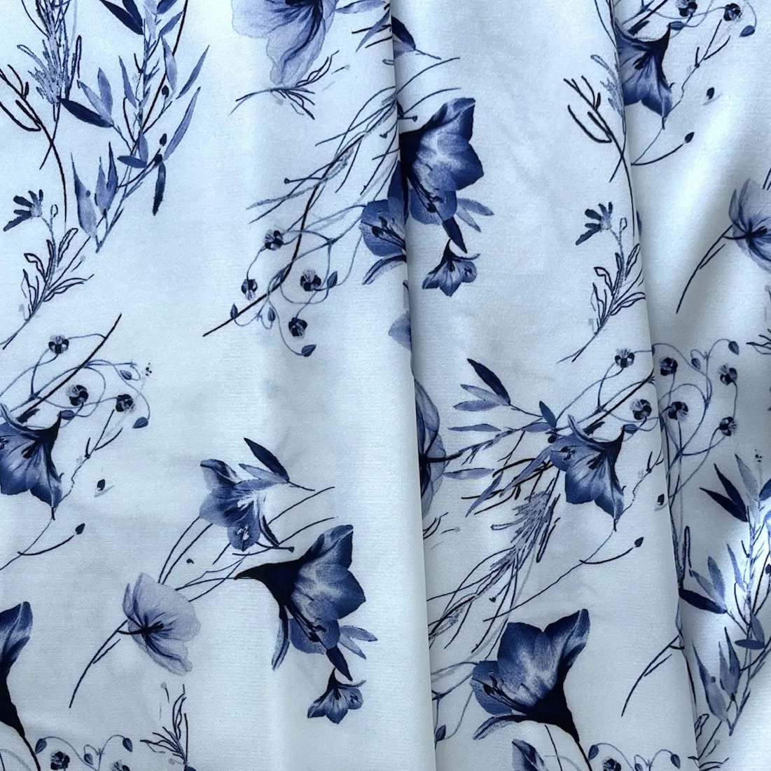 Mid-Weight Delft Blue Wildflowers Polyester Satin Charmeuse (Made in Italy)