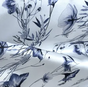 Mid-Weight Delft Blue Wildflowers Polyester Satin Charmeuse (Made in Italy)
