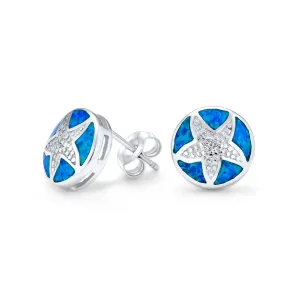 Nautical Starfish Stud Earrings with Blue Opal Inlay in Sterling Silver