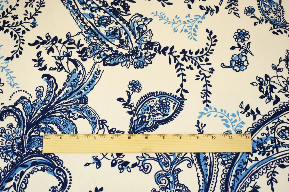 Navy-Blue-White Paisley Vine Printed Poly Slub Momie Crepe Woven Fabric
