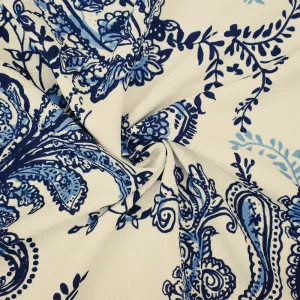 Navy-Blue-White Paisley Vine Printed Poly Slub Momie Crepe Woven Fabric