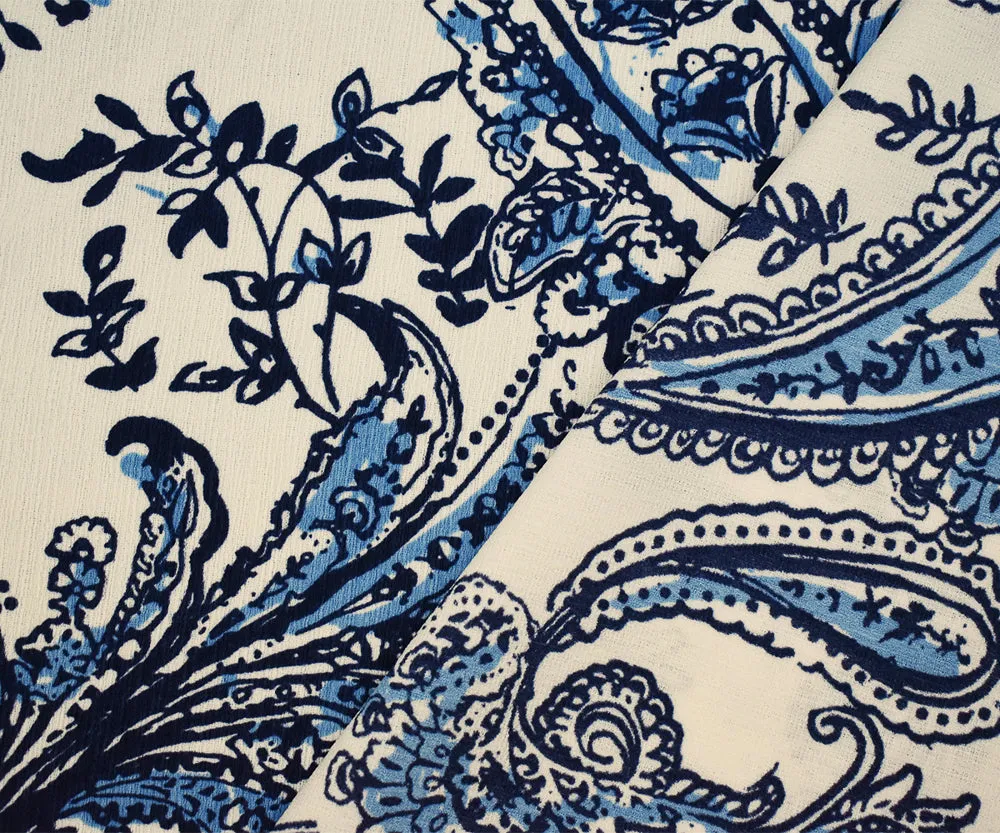 Navy-Blue-White Paisley Vine Printed Poly Slub Momie Crepe Woven Fabric