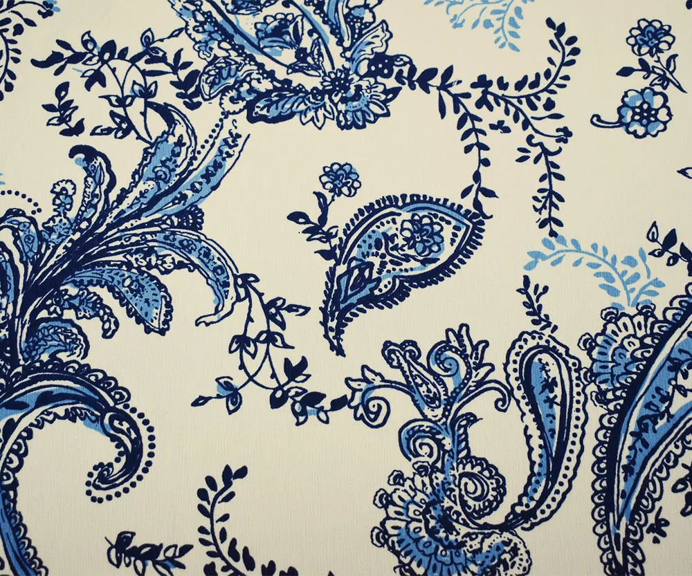 Navy-Blue-White Paisley Vine Printed Poly Slub Momie Crepe Woven Fabric