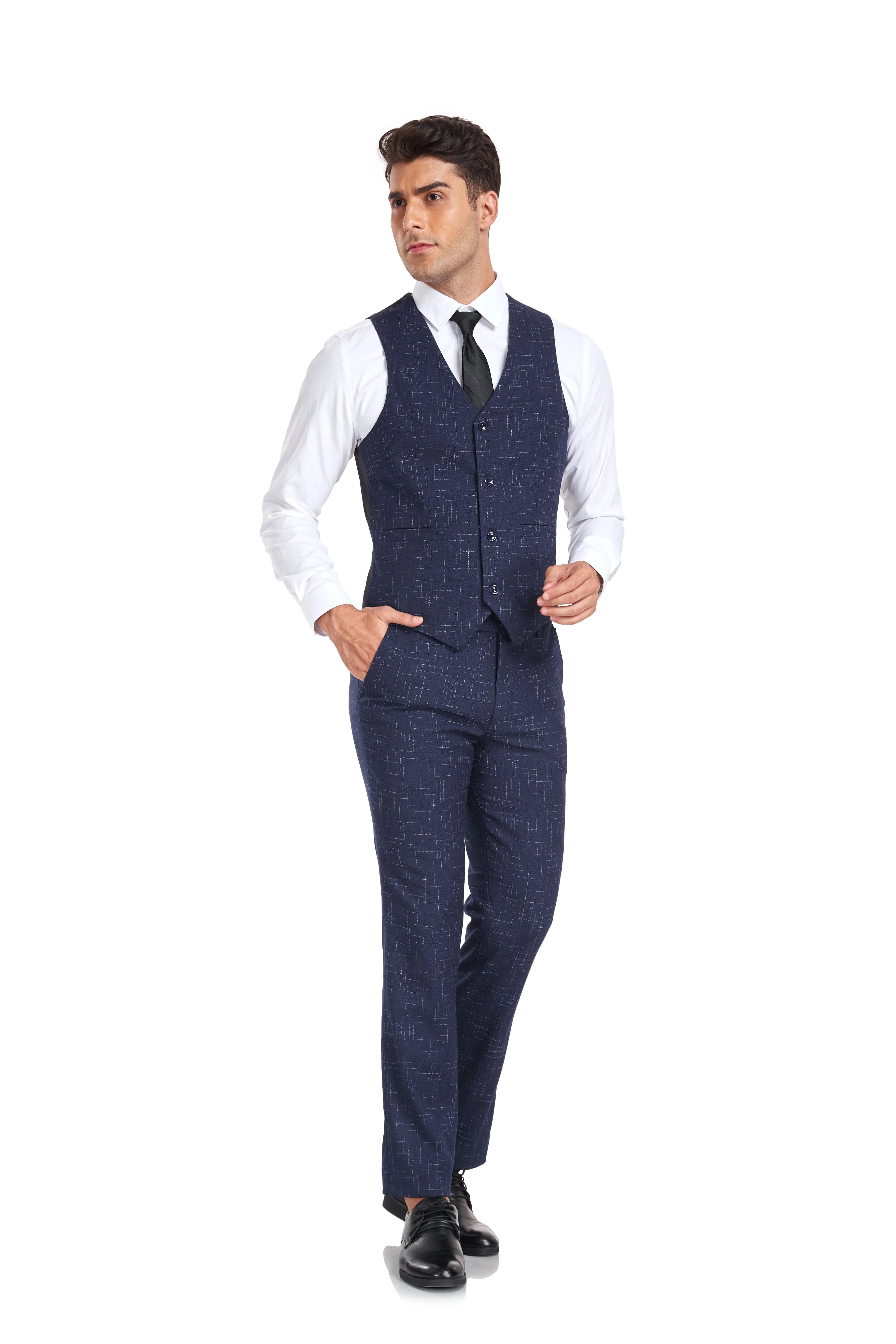 Navy Plaid Men's 3 Piece Slim Fit Suits for Party, Wedding and Business