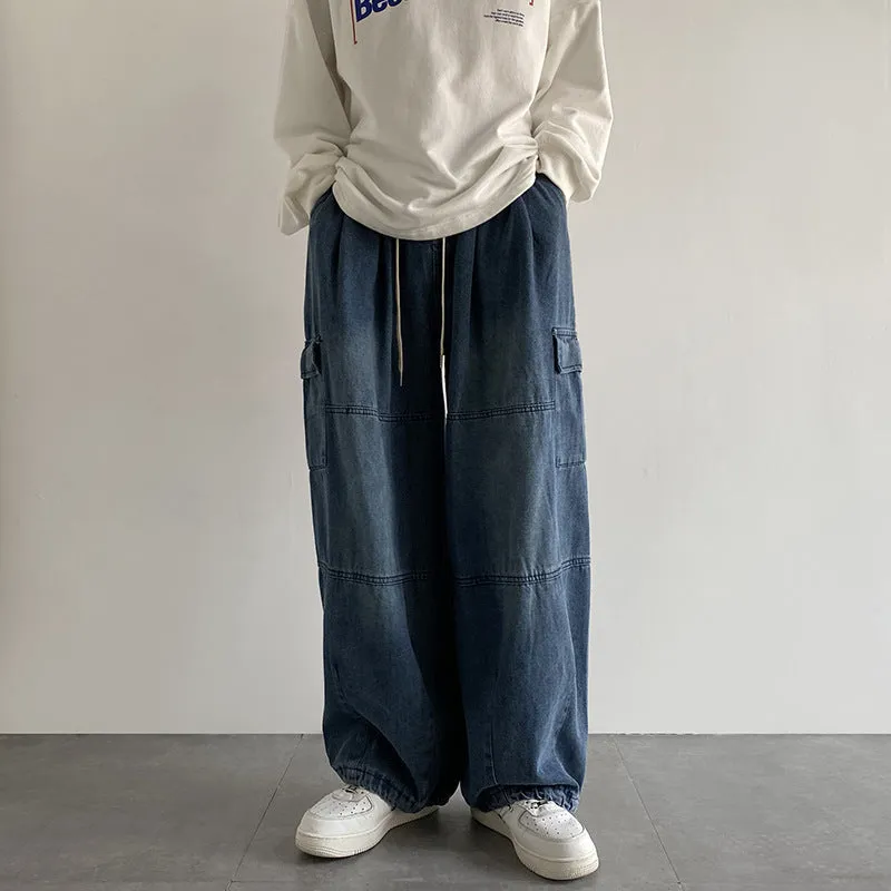 Nukty-shop summer outfits men 2024 Washed Jeans Men's Spring and Autumn Retro Loose Wide-Leg Ruffle Handsome Straight High Street Overalls Pants