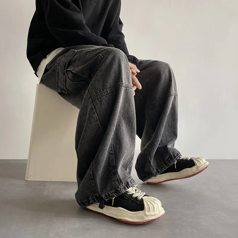 Nukty-shop summer outfits men 2024 Washed Jeans Men's Spring and Autumn Retro Loose Wide-Leg Ruffle Handsome Straight High Street Overalls Pants