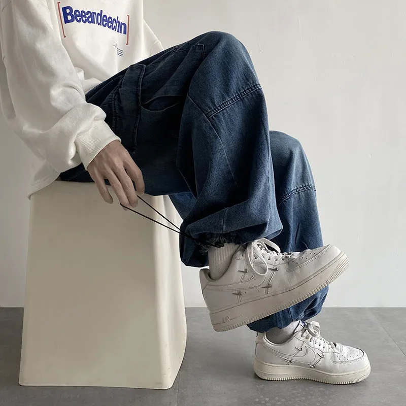 Nukty-shop summer outfits men 2024 Washed Jeans Men's Spring and Autumn Retro Loose Wide-Leg Ruffle Handsome Straight High Street Overalls Pants