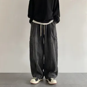 Nukty-shop summer outfits men 2024 Washed Jeans Men's Spring and Autumn Retro Loose Wide-Leg Ruffle Handsome Straight High Street Overalls Pants