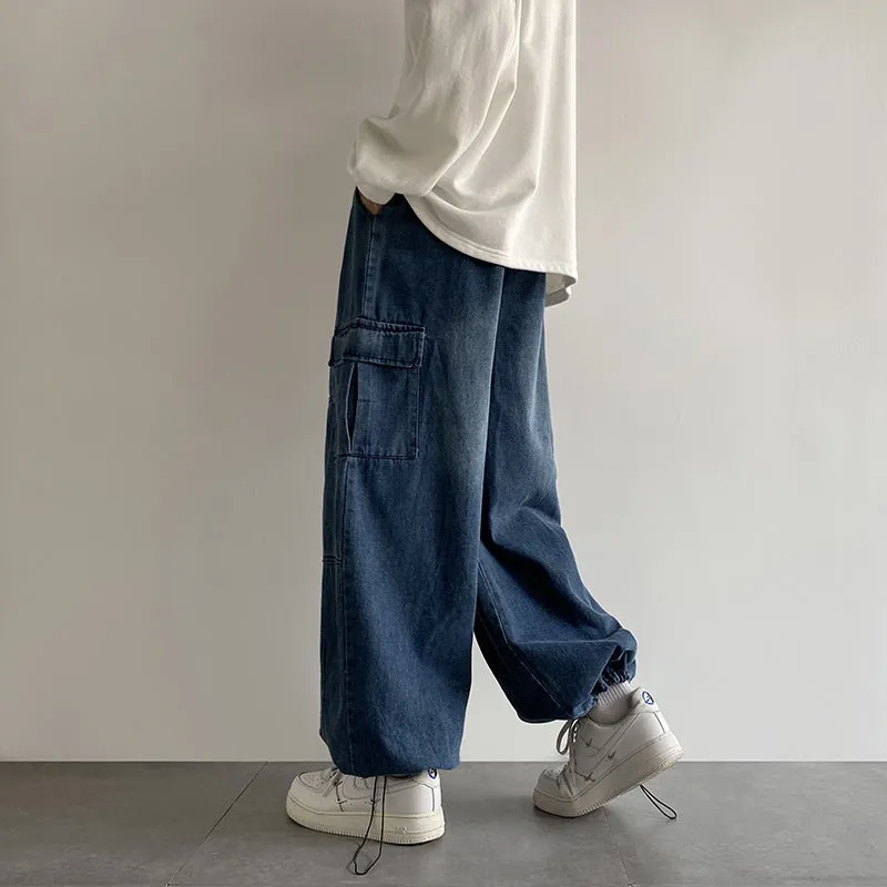 Nukty-shop summer outfits men 2024 Washed Jeans Men's Spring and Autumn Retro Loose Wide-Leg Ruffle Handsome Straight High Street Overalls Pants