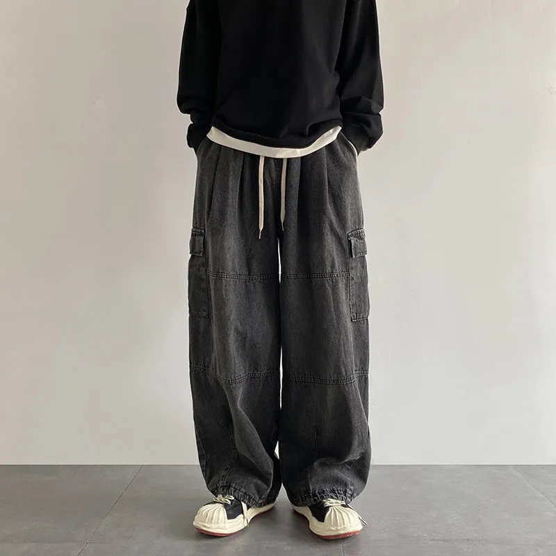 Nukty-shop summer outfits men 2024 Washed Jeans Men's Spring and Autumn Retro Loose Wide-Leg Ruffle Handsome Straight High Street Overalls Pants