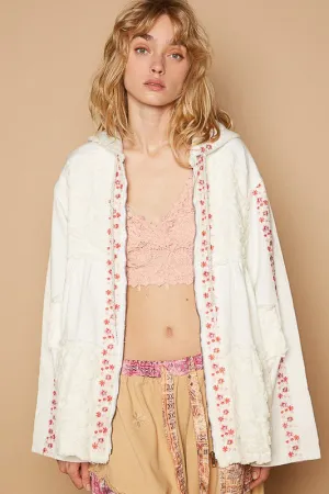POL Ivory Embroidered Lace Patch Zip Up Hooded Jacket