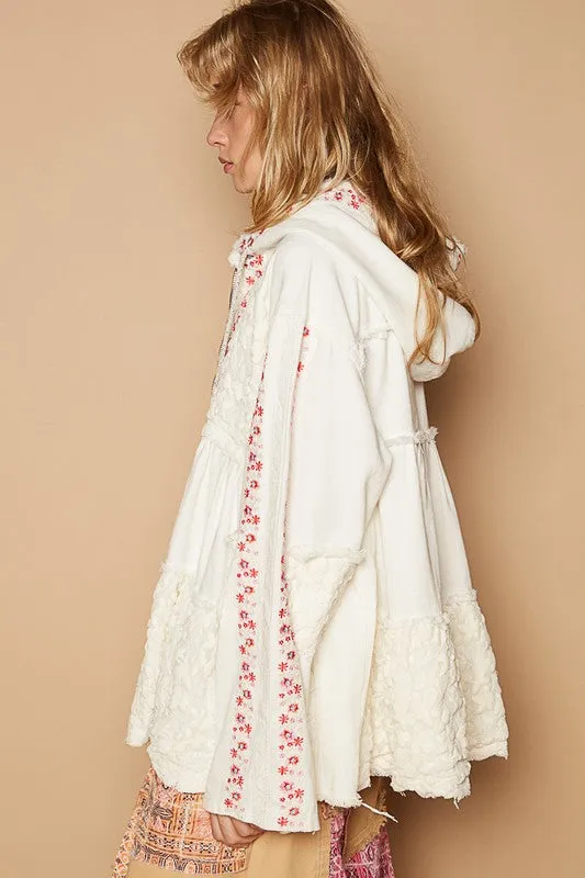 POL Ivory Embroidered Lace Patch Zip Up Hooded Jacket