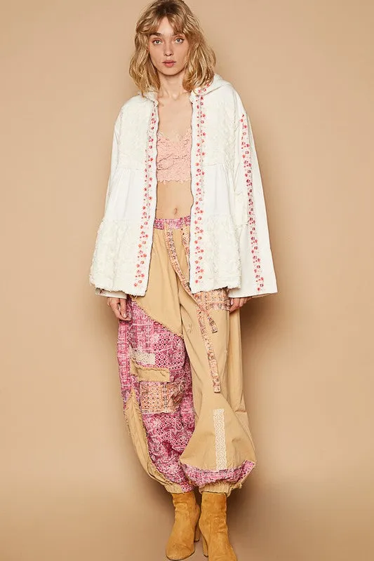 POL Ivory Embroidered Lace Patch Zip Up Hooded Jacket