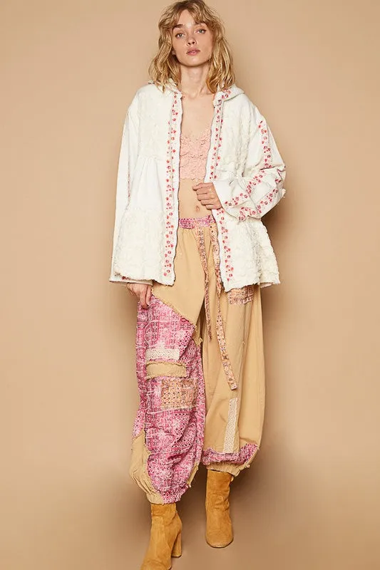 POL Ivory Embroidered Lace Patch Zip Up Hooded Jacket