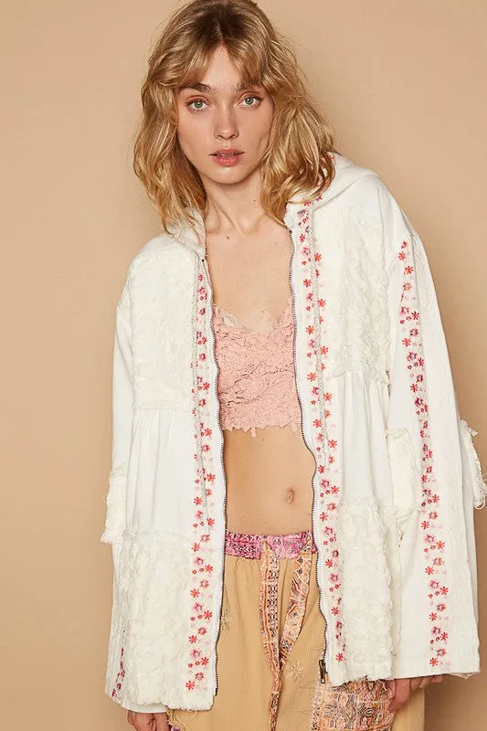 POL Ivory Embroidered Lace Patch Zip Up Hooded Jacket