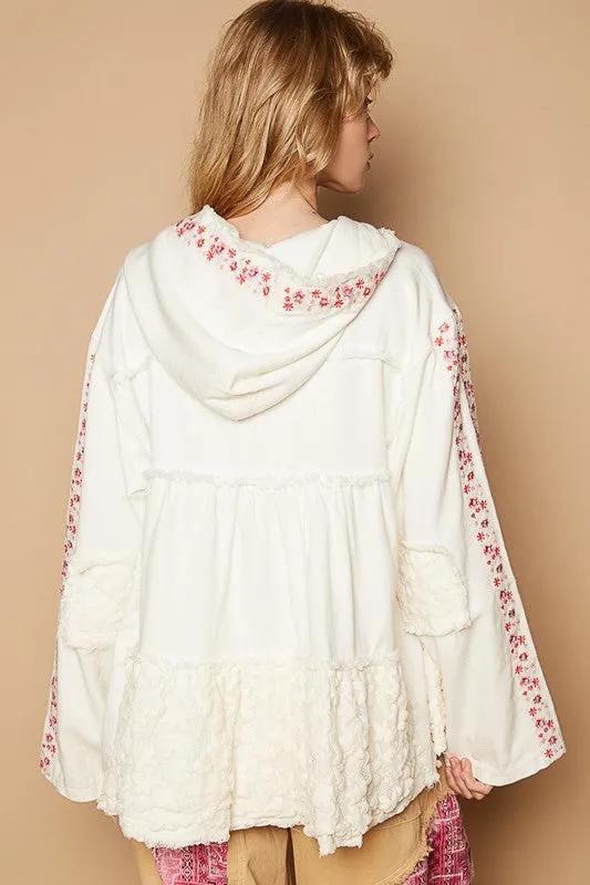 POL Ivory Embroidered Lace Patch Zip Up Hooded Jacket