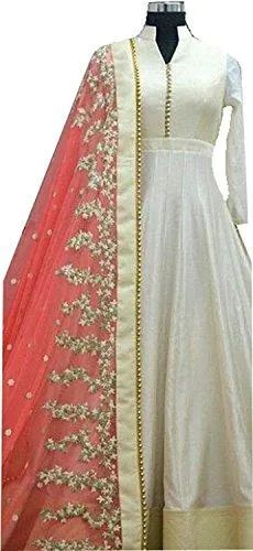 Rangrasiya Women'S Silk Salwar Suit Set (Whitemoti_Pink_Free Size)