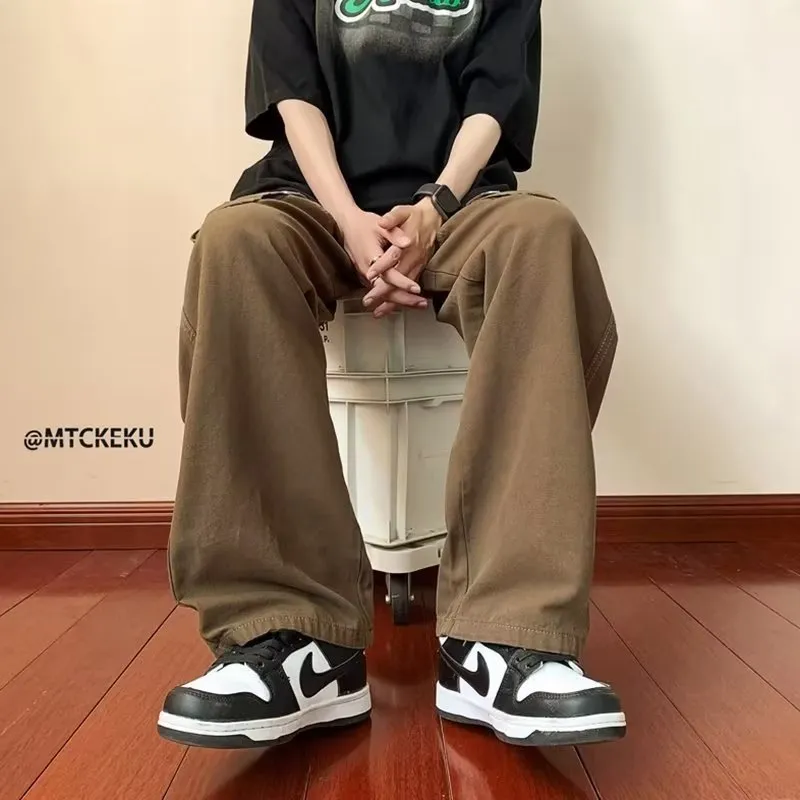 Riolio boy outfits Retro Multi-Pocket Overalls Men's Autumn Loose All-Match Casual Pants Japanese Straight Mop Pants