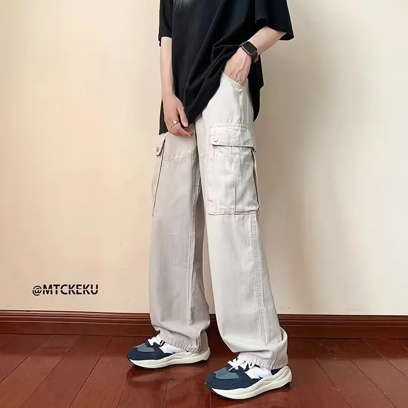 Riolio boy outfits Retro Multi-Pocket Overalls Men's Autumn Loose All-Match Casual Pants Japanese Straight Mop Pants
