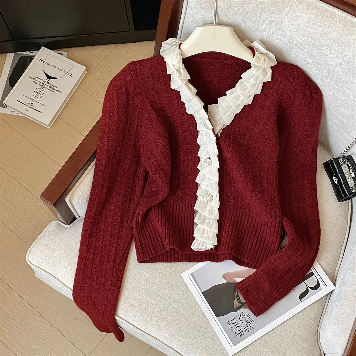 Ruffled Lace Trim Delicate Knitted Cardigan