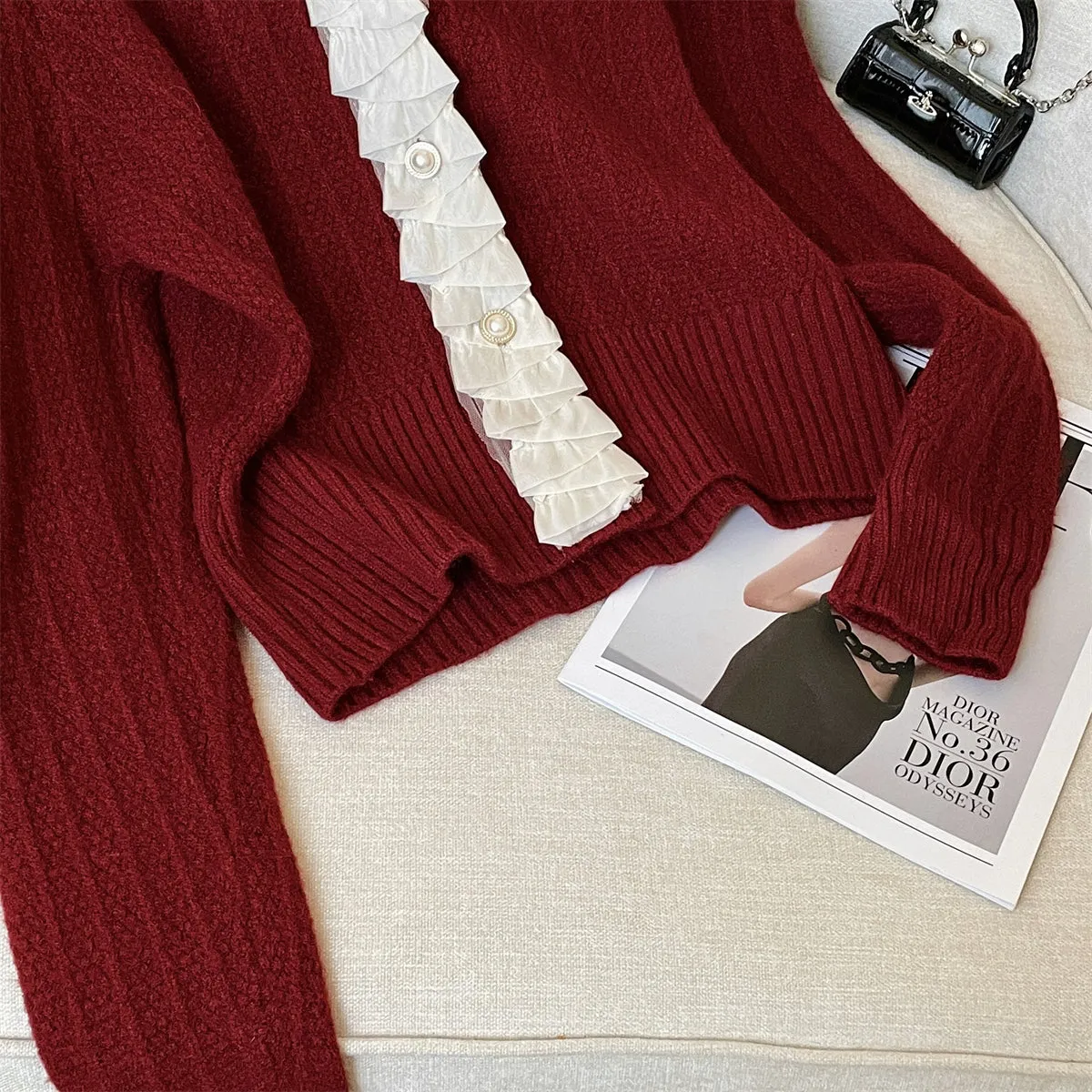 Ruffled Lace Trim Delicate Knitted Cardigan