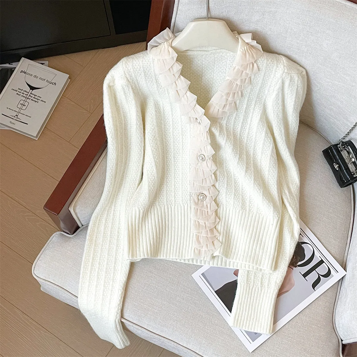 Ruffled Lace Trim Delicate Knitted Cardigan