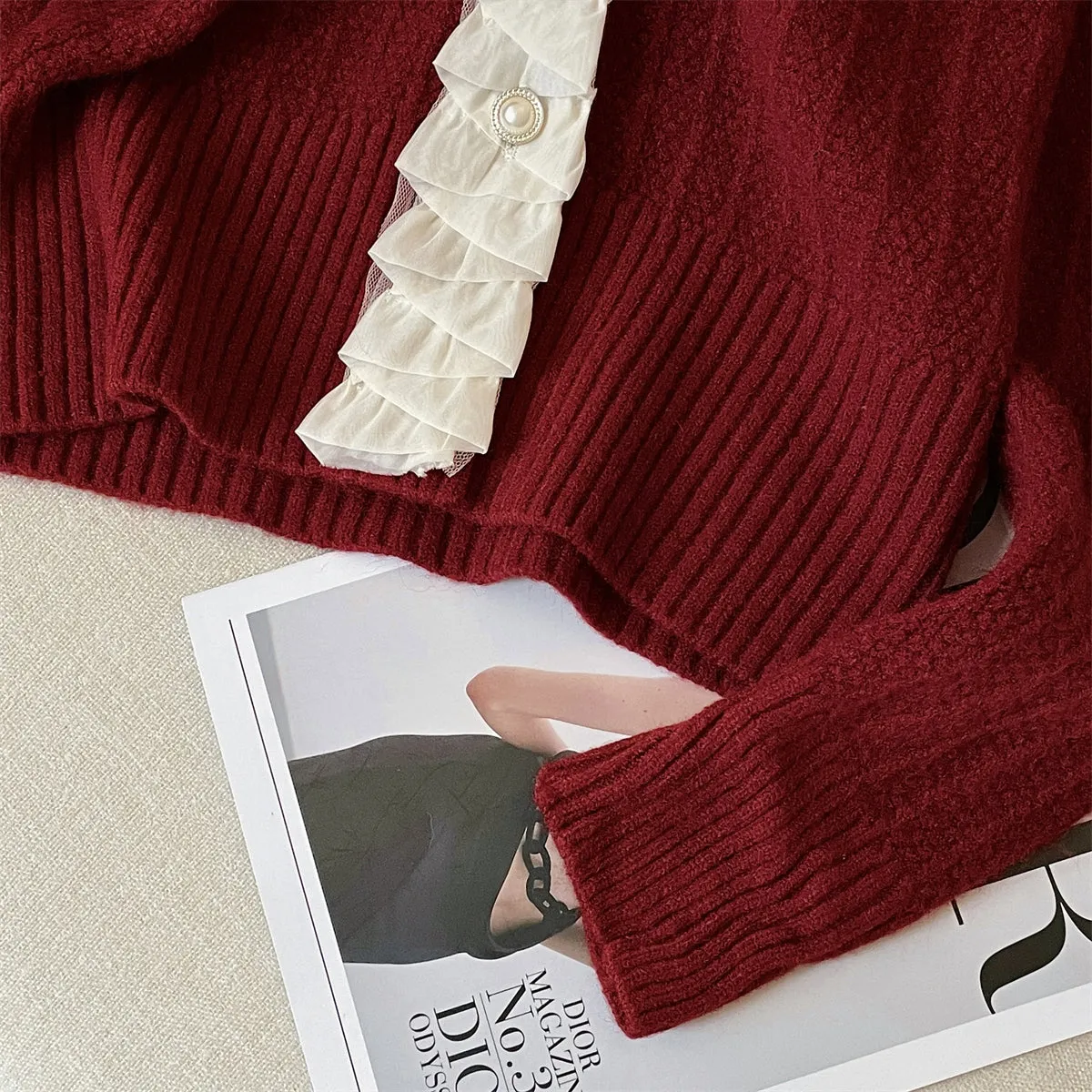 Ruffled Lace Trim Delicate Knitted Cardigan