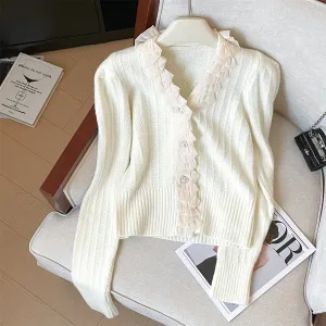 Ruffled Lace Trim Delicate Knitted Cardigan