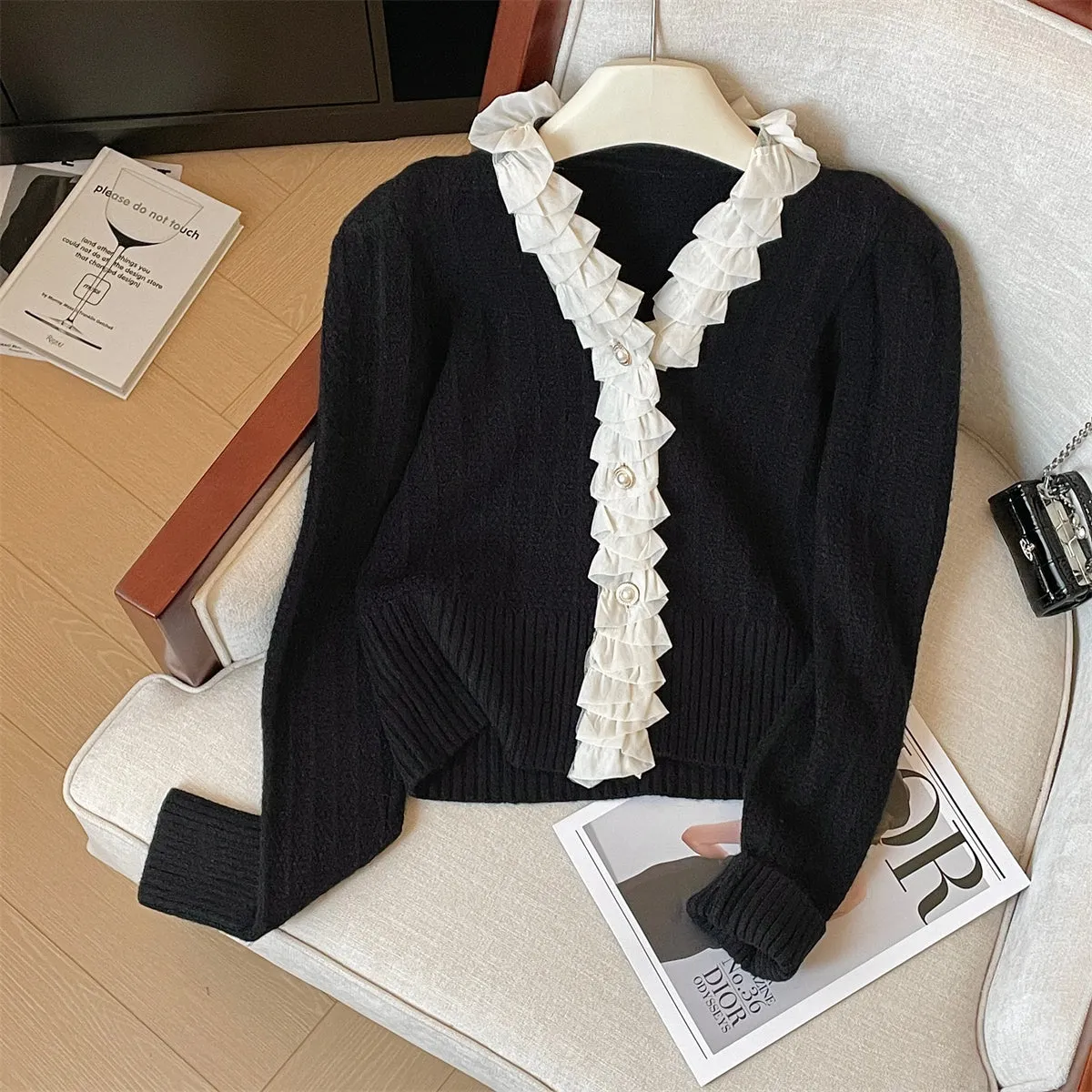 Ruffled Lace Trim Delicate Knitted Cardigan