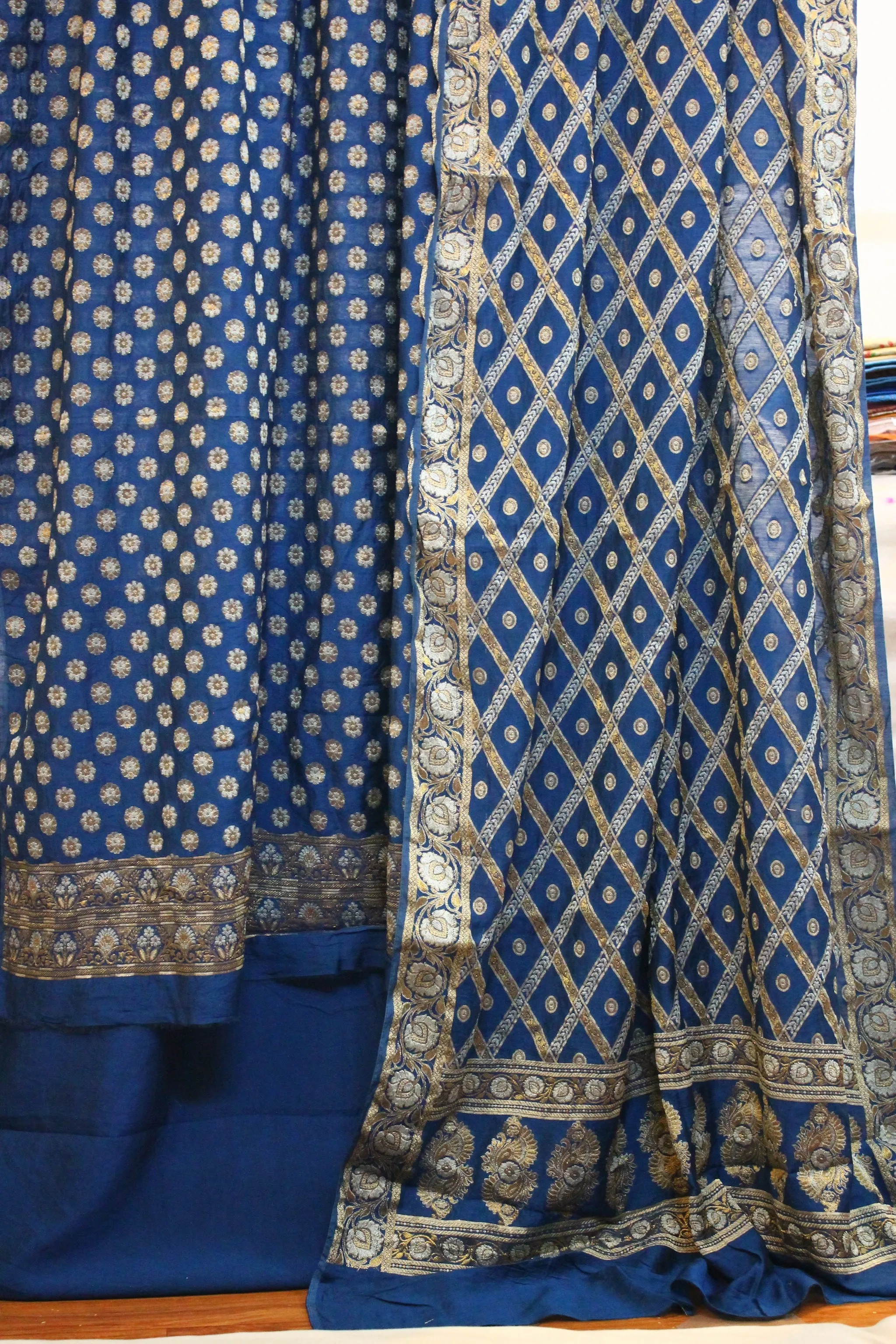 Serenade in Blue: Handloom 3-Piece Cotton Silk Banarasi Suit Set