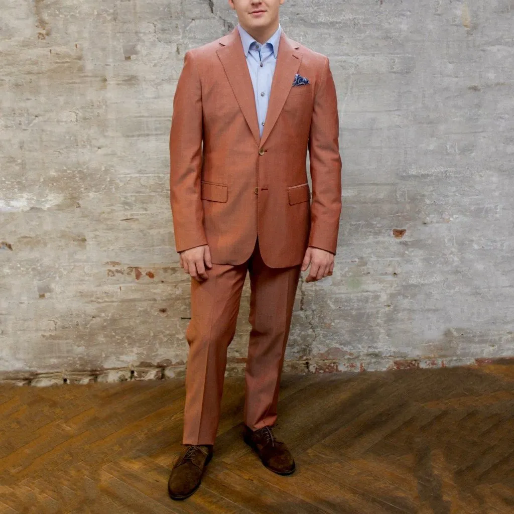 Solid Notch Lapel Pick Stitch Wool Suit - Red