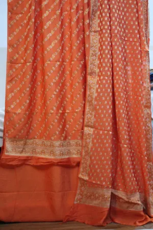 Vibrant Orange Splendor: Handloom 3-Piece Cotton Silk Banarasi Suit Set