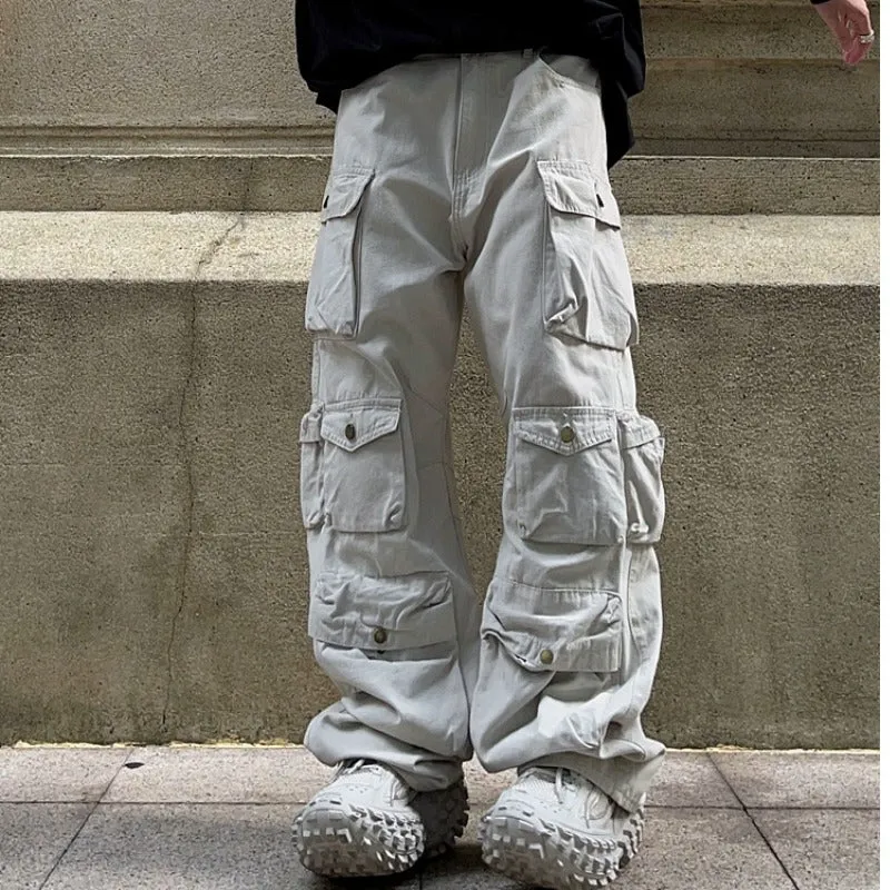 Wenkouban 90s fashion men American Retro Multi-Pocket Functional Overalls Men's Fashion Brand High Street Straight Loose Mop Wide Leg Casual Trousers