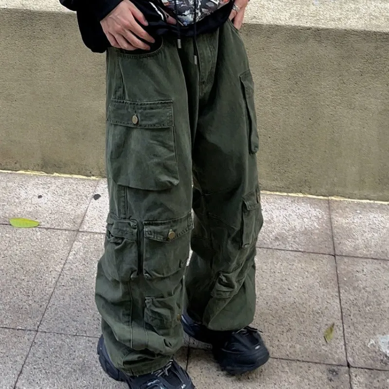 Wenkouban 90s fashion men American Retro Multi-Pocket Functional Overalls Men's Fashion Brand High Street Straight Loose Mop Wide Leg Casual Trousers