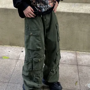 Wenkouban 90s fashion men American Retro Multi-Pocket Functional Overalls Men's Fashion Brand High Street Straight Loose Mop Wide Leg Casual Trousers