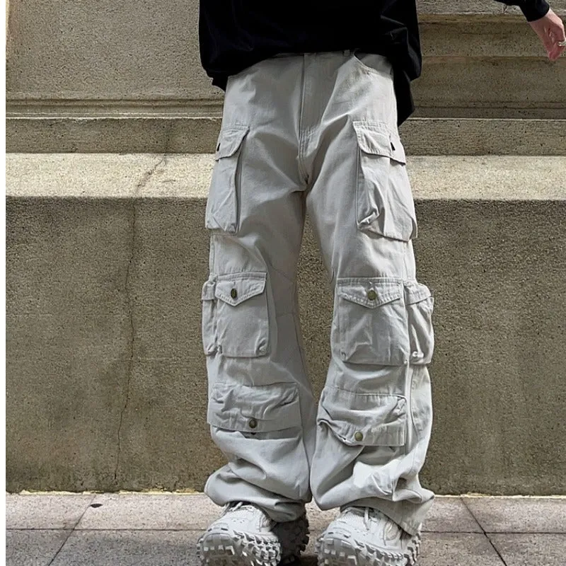 Wenkouban 90s fashion men American Retro Multi-Pocket Functional Overalls Men's Fashion Brand High Street Straight Loose Mop Wide Leg Casual Trousers