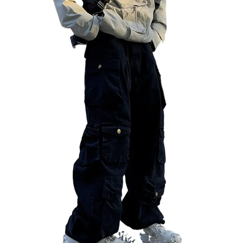 Wenkouban 90s fashion men American Retro Multi-Pocket Functional Overalls Men's Fashion Brand High Street Straight Loose Mop Wide Leg Casual Trousers