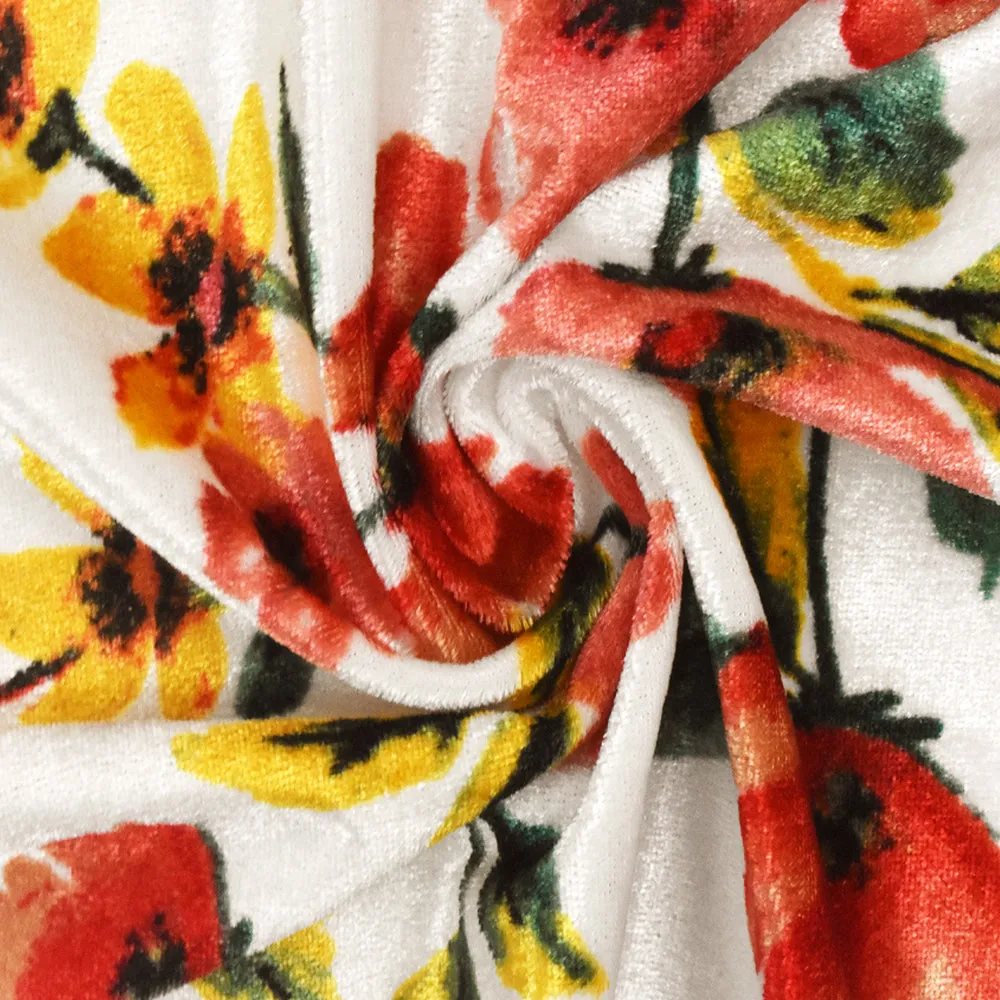 White-Pink-Multi Floral Printed Stretch Velvet Knit Fabric