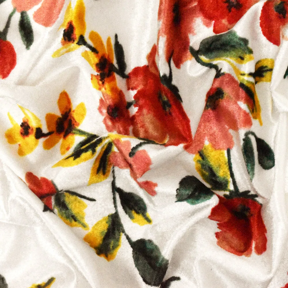 White-Pink-Multi Floral Printed Stretch Velvet Knit Fabric