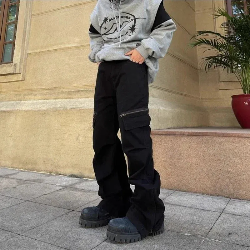 WIAOFELLAS  -  Spring Autumn Cargo Pants American Retro Zipper Multi-pocket Overalls Men's Khaki High Street Loose Straight Trousers