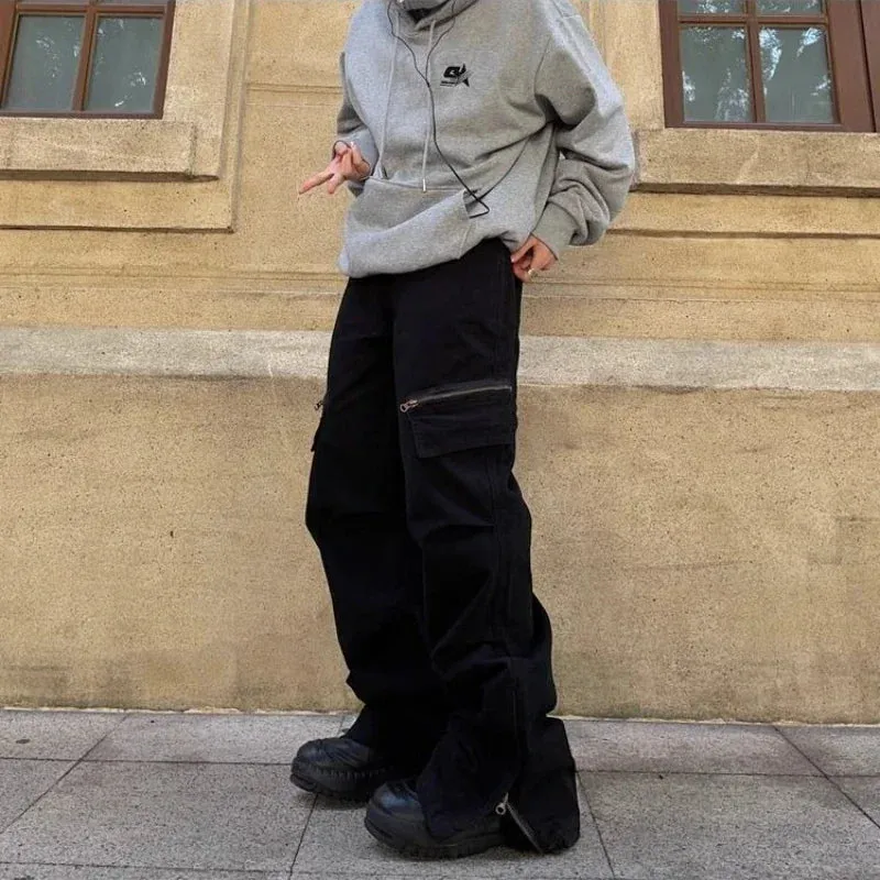 WIAOFELLAS  -  Spring Autumn Cargo Pants American Retro Zipper Multi-pocket Overalls Men's Khaki High Street Loose Straight Trousers