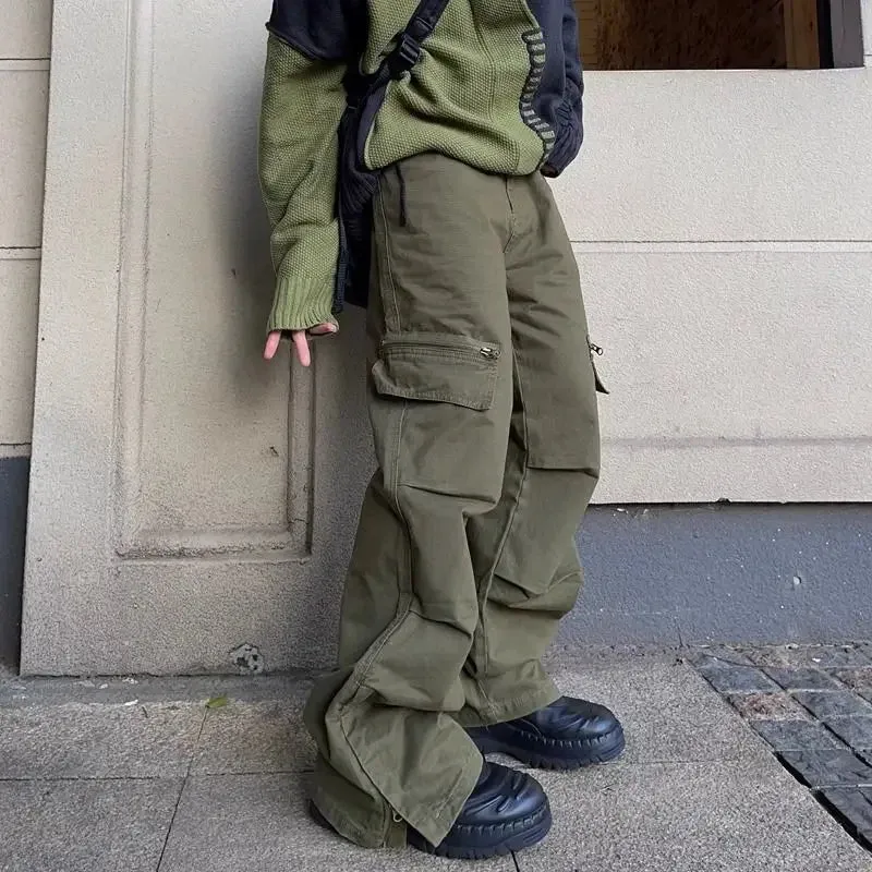 WIAOFELLAS  -  Spring Autumn Cargo Pants American Retro Zipper Multi-pocket Overalls Men's Khaki High Street Loose Straight Trousers