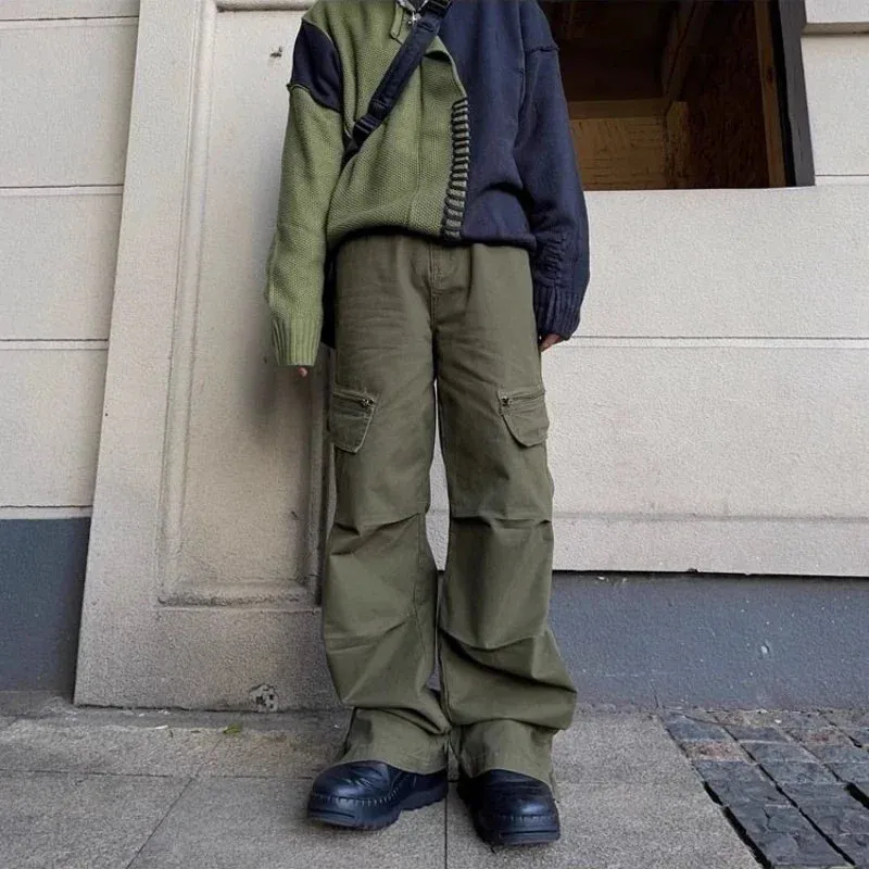 WIAOFELLAS  -  Spring Autumn Cargo Pants American Retro Zipper Multi-pocket Overalls Men's Khaki High Street Loose Straight Trousers
