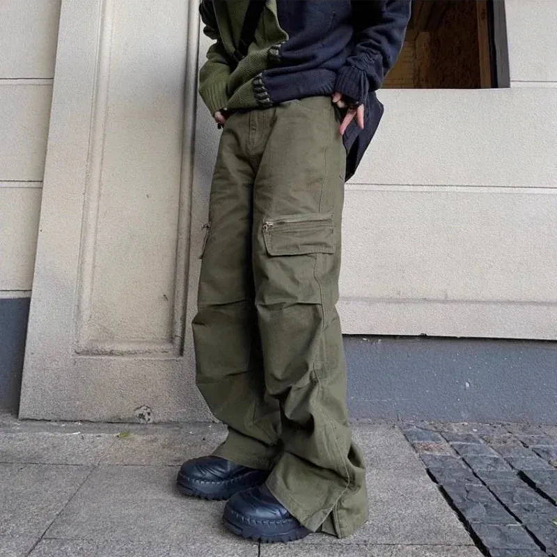 WIAOFELLAS  -  Spring Autumn Cargo Pants American Retro Zipper Multi-pocket Overalls Men's Khaki High Street Loose Straight Trousers