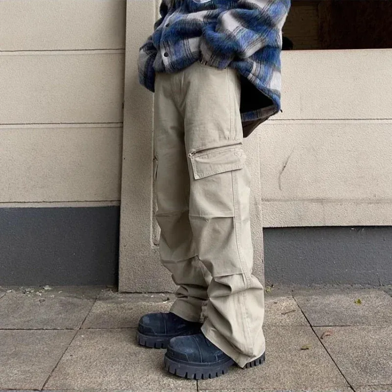 WIAOFELLAS  -  Spring Autumn Cargo Pants American Retro Zipper Multi-pocket Overalls Men's Khaki High Street Loose Straight Trousers