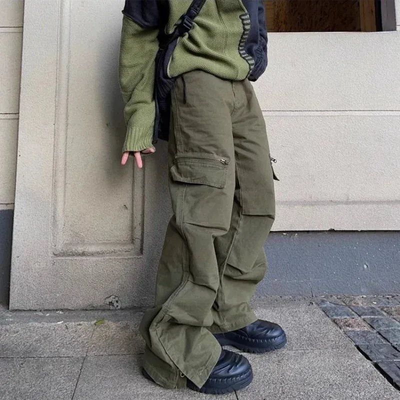 WIAOFELLAS  -  Spring Autumn Cargo Pants American Retro Zipper Multi-pocket Overalls Men's Khaki High Street Loose Straight Trousers