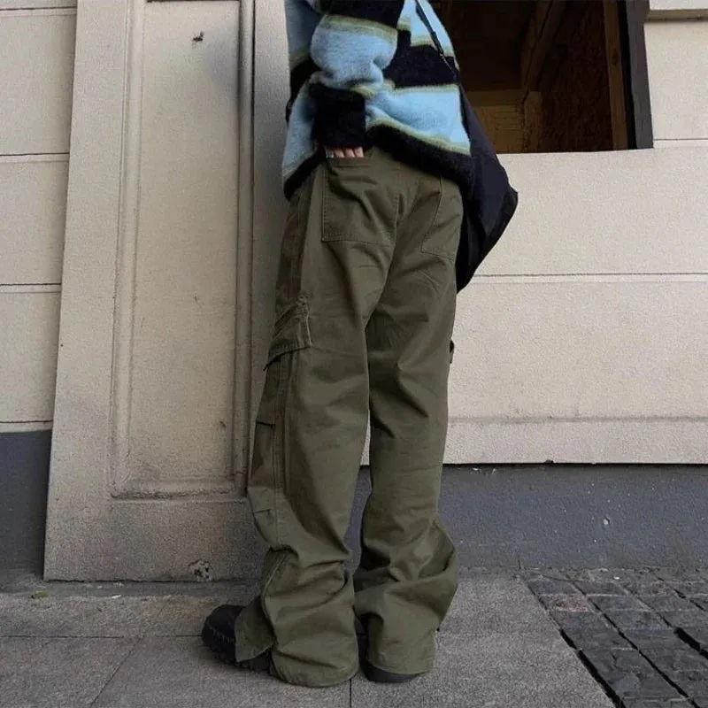 WIAOFELLAS  -  Spring Autumn Cargo Pants American Retro Zipper Multi-pocket Overalls Men's Khaki High Street Loose Straight Trousers
