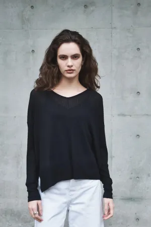 Wool Ribbed V-Neck in Black